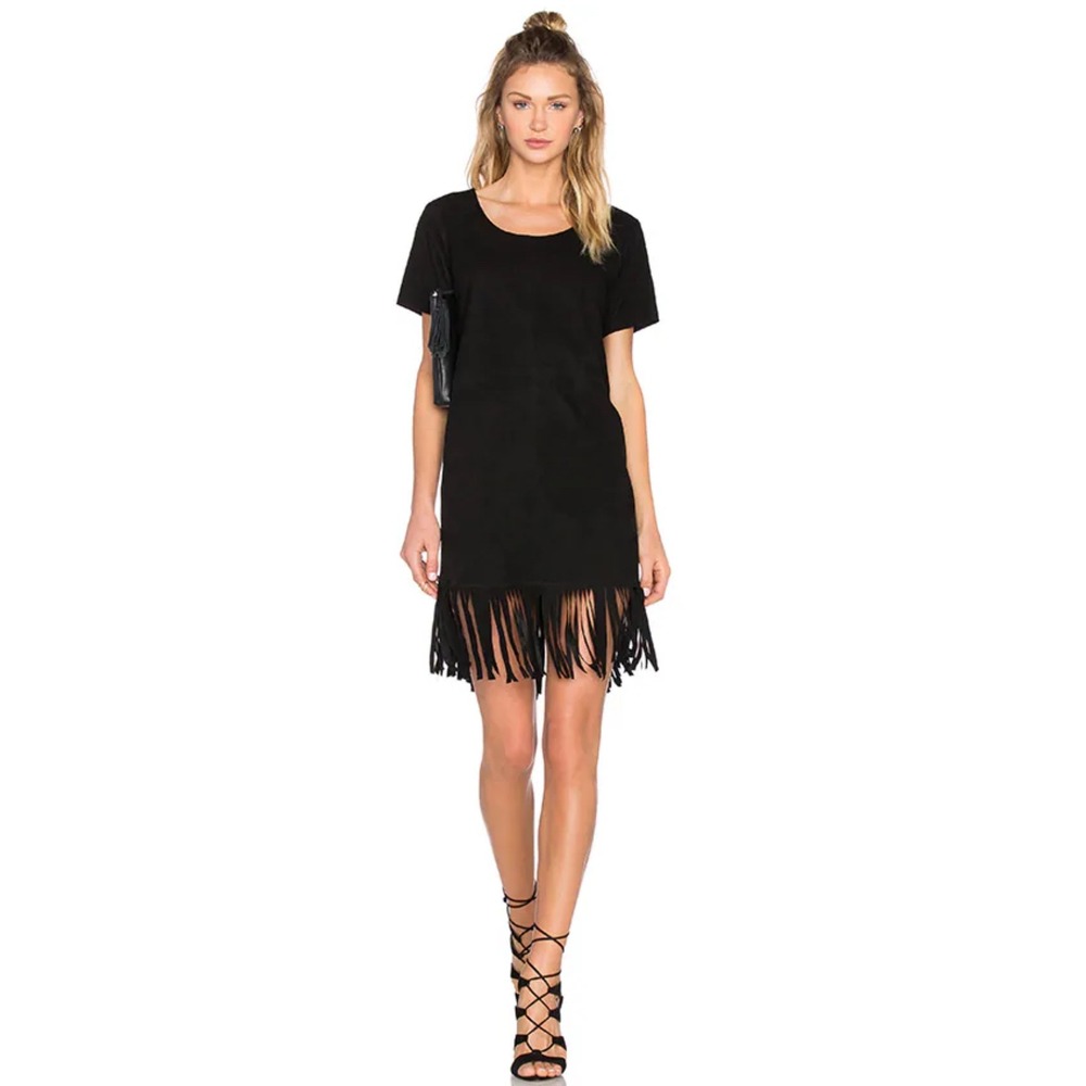 RTA Black Suede Fringe Mini Dress Short Sleeve Leather S